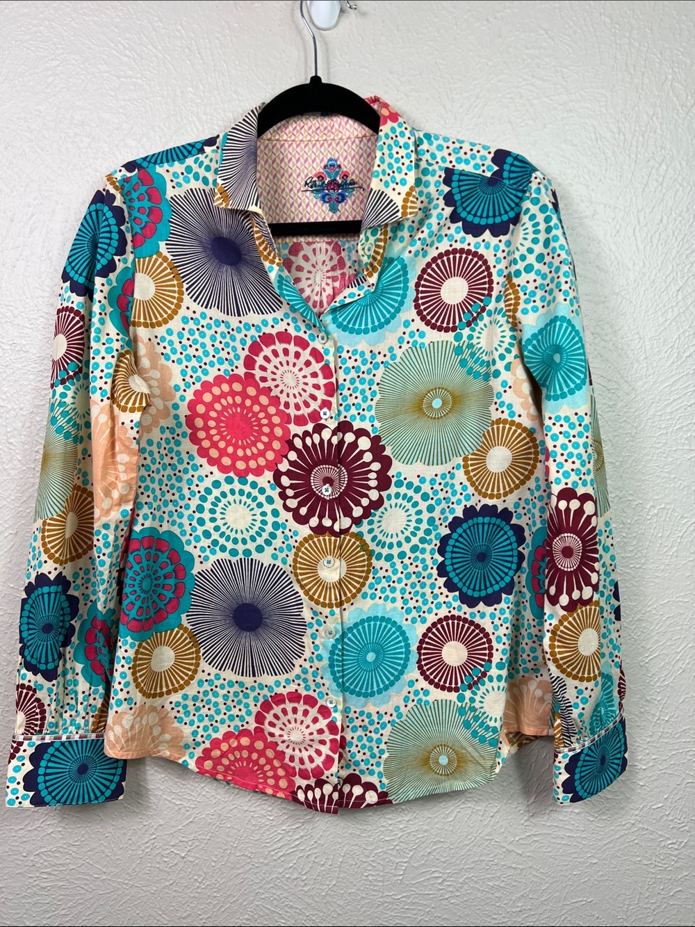 Robert Graham Geometric Print Long Sleeve Colorful Button Front Blouse XL